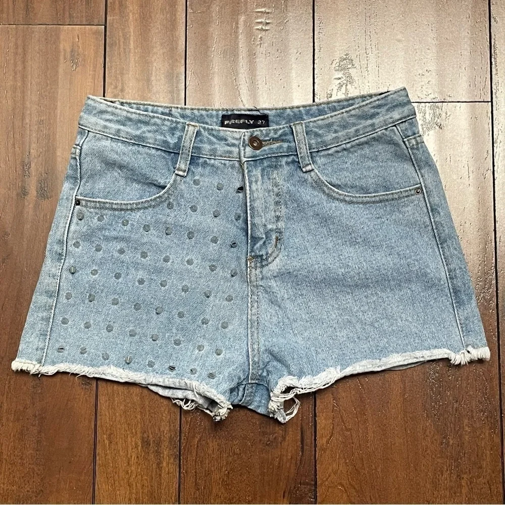 Firefly Spike Embellished Denim Frayed Hem Shorts Size 27 - Picture 3 of 8